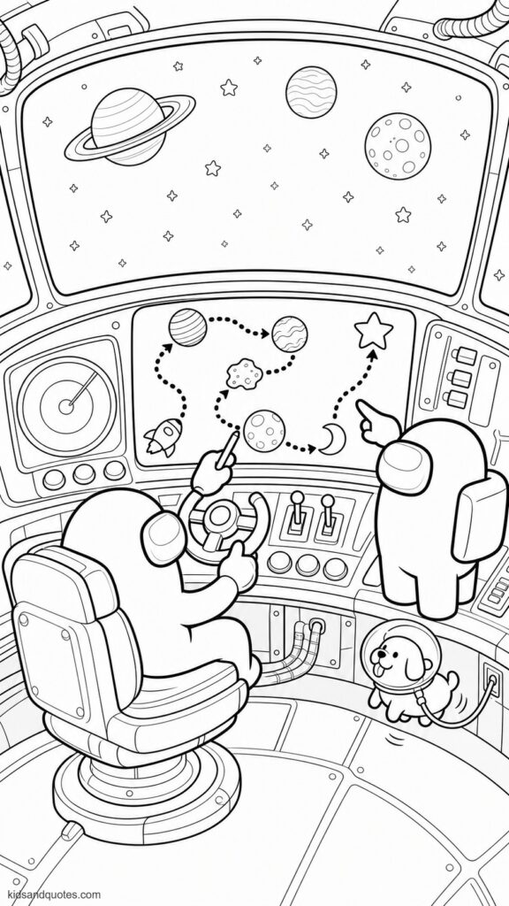 An Among Us crewmate seated at a curved control panel, steering the ship by tracing a route across a large star map. A bold dotted path weaving around three planets, an asteroid, and a crescent moon before reaching a destination star. 
