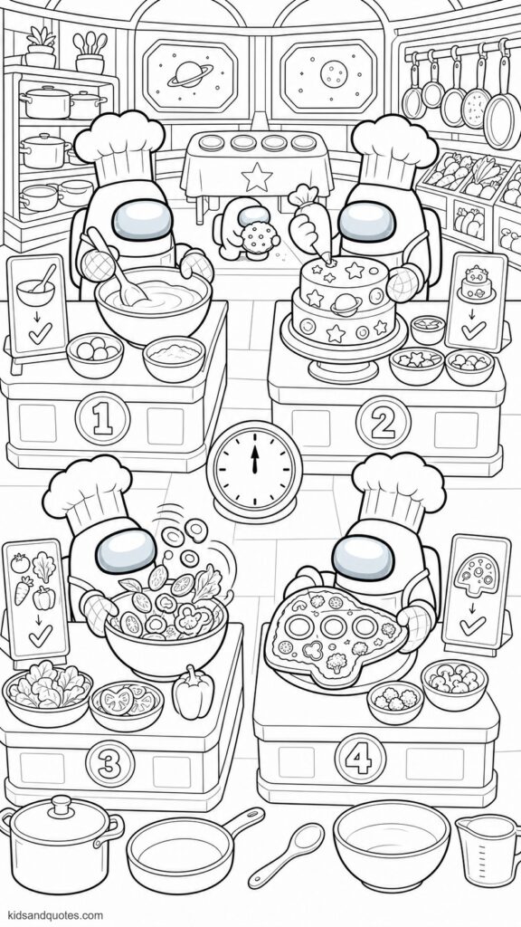 Coloring page showing Among Us crewmates competing in a friendly cafeteria cook-off. Four crewmates tall chef hats, aprons, oven mitts, and distinct cooking stations. One mixing batter, one decorating a cake, one tossing vegetables in a bowl, and one presenting a finished space-shaped pizza.