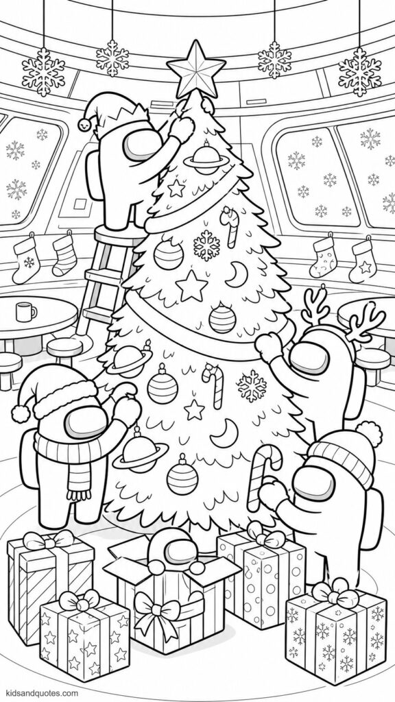 Coloring page showing Among Us crewmates decorating a large tree inside the cafeteria. Several crewmates Santa hats, elf hats, scarves, and reindeer antlers. 