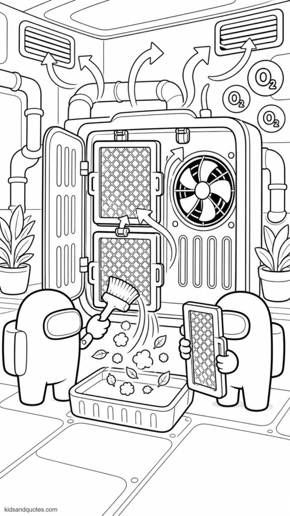 Free coloring page showing an Among Us crewmate cleaning a large oxygen filter. The opened filter unit at the center with removable mesh panels, vents, and fan blades. The crewmate using a soft brush to sweep cartoon dust, leaves, and small fluff balls into a collection tray.