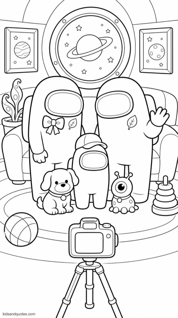 Coloring page showing two adult Among Us crewmates with a mini-crewmate and two pets. 