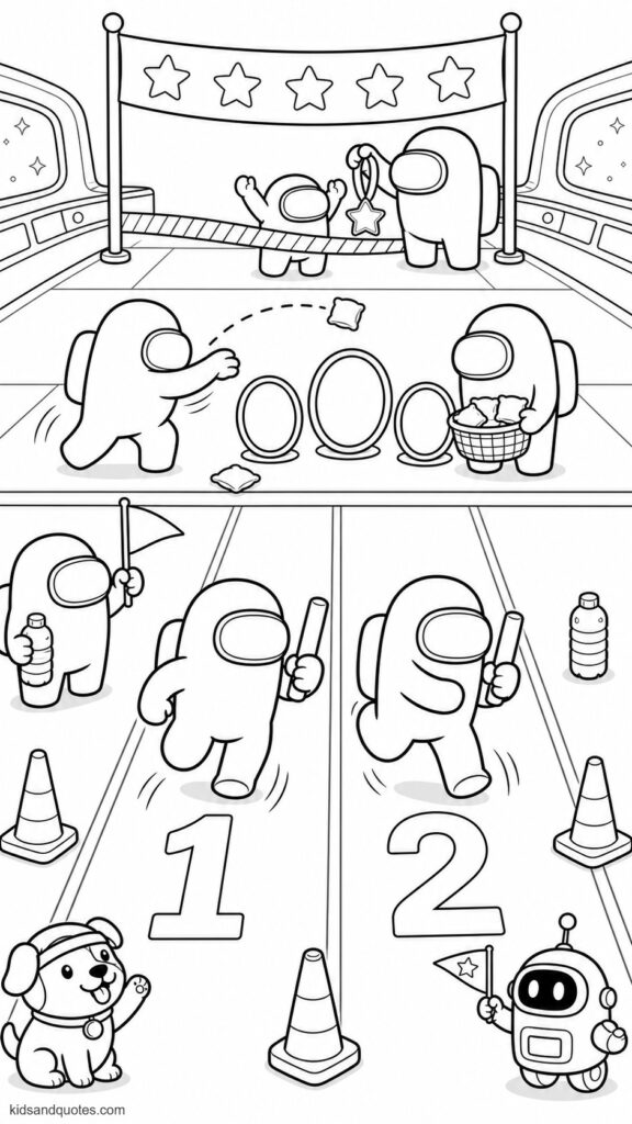 Coloring page showing an Among Us sports day on a wide spaceship deck. 