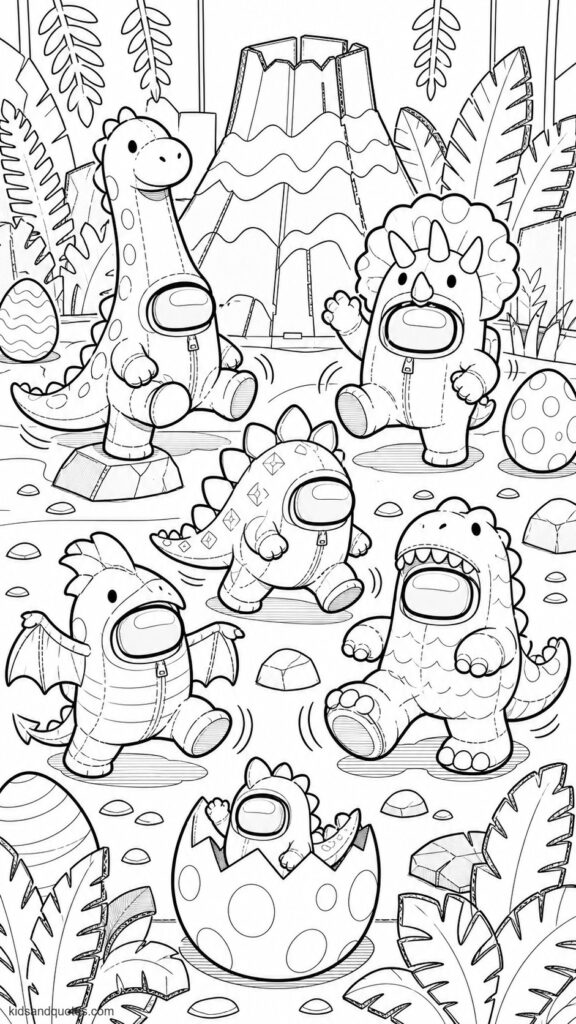 Coloring page showing five Among Us crewmates wearing adorable dinosaur costumes. Costumes inspired by a long-neck dinosaur, a horned dinosaur, a plated dinosaur, a tiny winged reptile, and a friendly big-footed dinosaur.