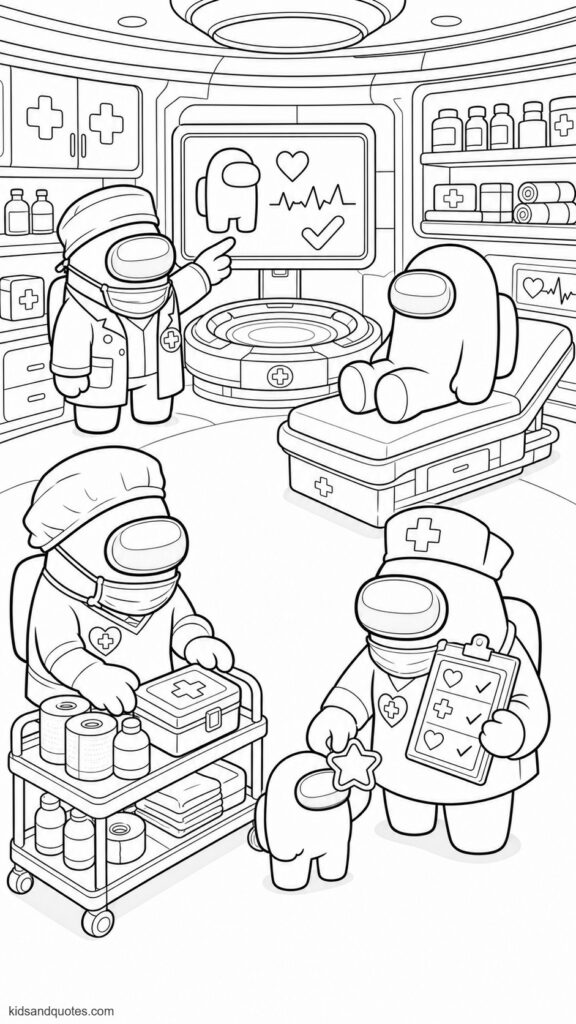 Coloring page showing doctor and nurse Among Us crewmates working together in Med Bay. Dressed in simple coats, scrub caps, masks worn below the visor, and health-symbol badges. 