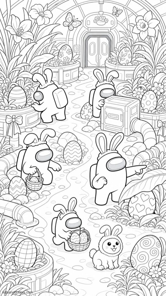 An egg-hunt task spread through a spaceship garden area. Four Among Us crewmates wearing bunny-ear hats and searching behind planters, crates, pipes, and rocks for large decorated eggs.