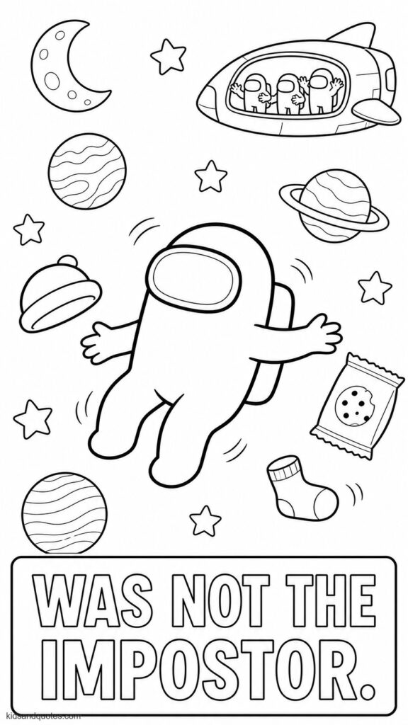 Coloring page showing an Among Us crewmate floating safely through outer space after being ejected. The crewmate in the center with arms gently spread, surrounded by small stars, planets, a satellite, and floating personal items such as a hat and snack pouch.