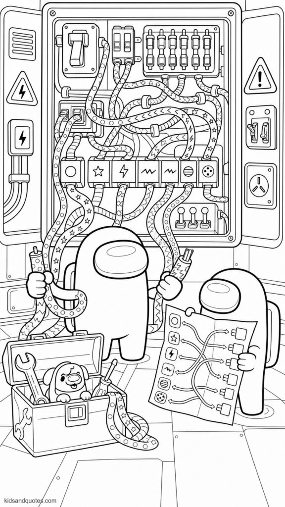 Coloring page set in the Electrical room. One puzzled Among Us crewmate standing before a large open wiring panel filled with looping, tangled wires. The crewmate holding two wire ends while several more drape gently around their arms and toolbox.