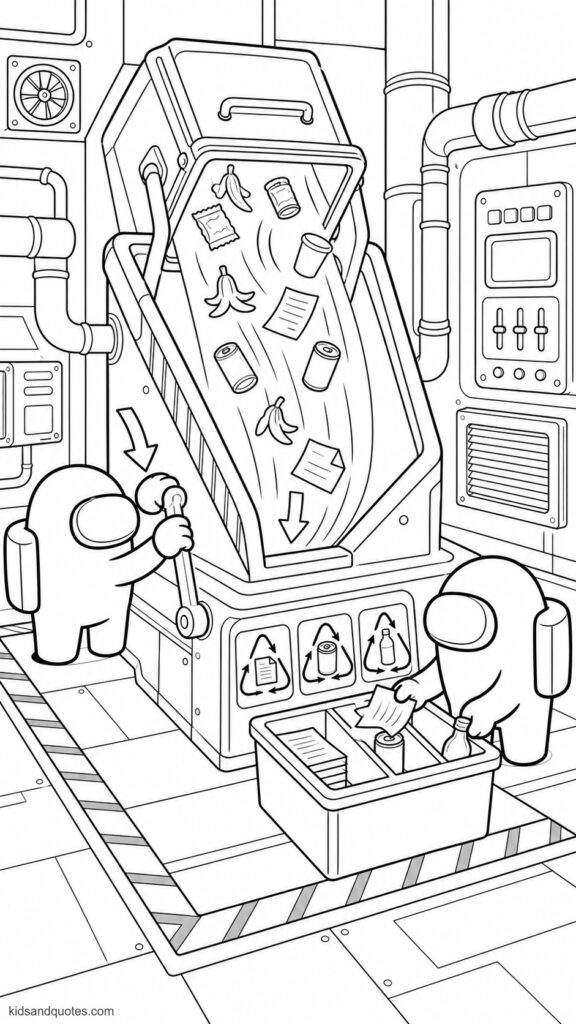 Coloring page showing an Among Us crewmate emptying a full garbage container into a large spaceship disposal chute. The crewmate pushing a sturdy lever while lightweight trash... wrappers, empty cups, paper, cans, and banana peels... slides down the chute.