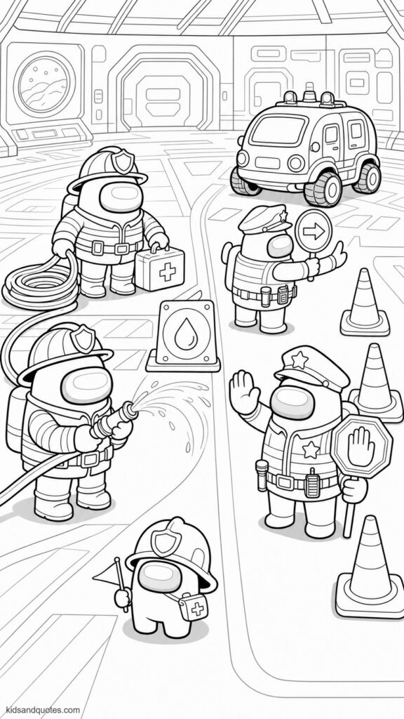Coloring page showing Among Us crewmates dressed as friendly community helpers. Two firefighter crewmates near a small training hose and two police crewmates directing safe spaceship traffic with signs and hand signals.