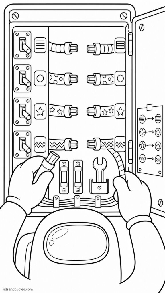 Coloring page centered on a crewmate’s gloved hands connecting wires inside an open electrical panel. Four pairs of wire ends, each pair identified by a different pattern: stripes, dots, stars, and zigzags.
