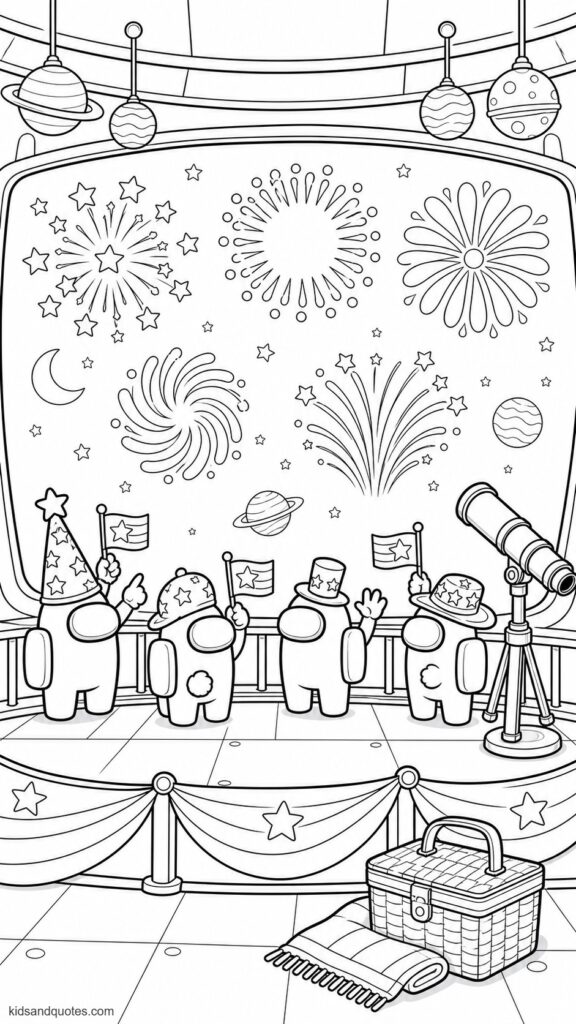 Among Us crewmates watching a celebratory fireworks display from a spaceship observation deck. Four crewmates near a safety railing, wearing star-patterned hats and waving small flags.