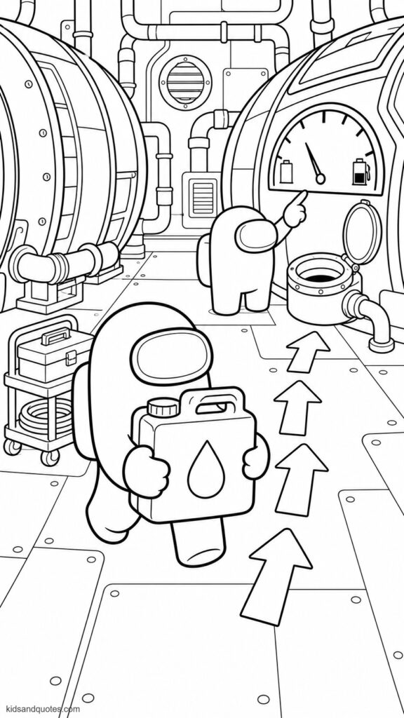 Coloring page showing an Among Us crewmate carrying a large fuel can between two spaceship engines. The crewmate in the center, carefully holding the can with both hands while following floor arrows toward an open fuel port. 