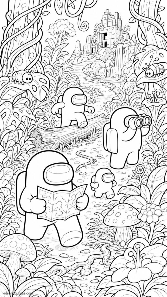 Coloring page showing a team of four Among Us crewmates trekking through the mysterious Fungle jungle. One crewmate at the front holding a simple map, another using binoculars, one carefully stepping over a fallen log, and a mini-crewmate following behind.