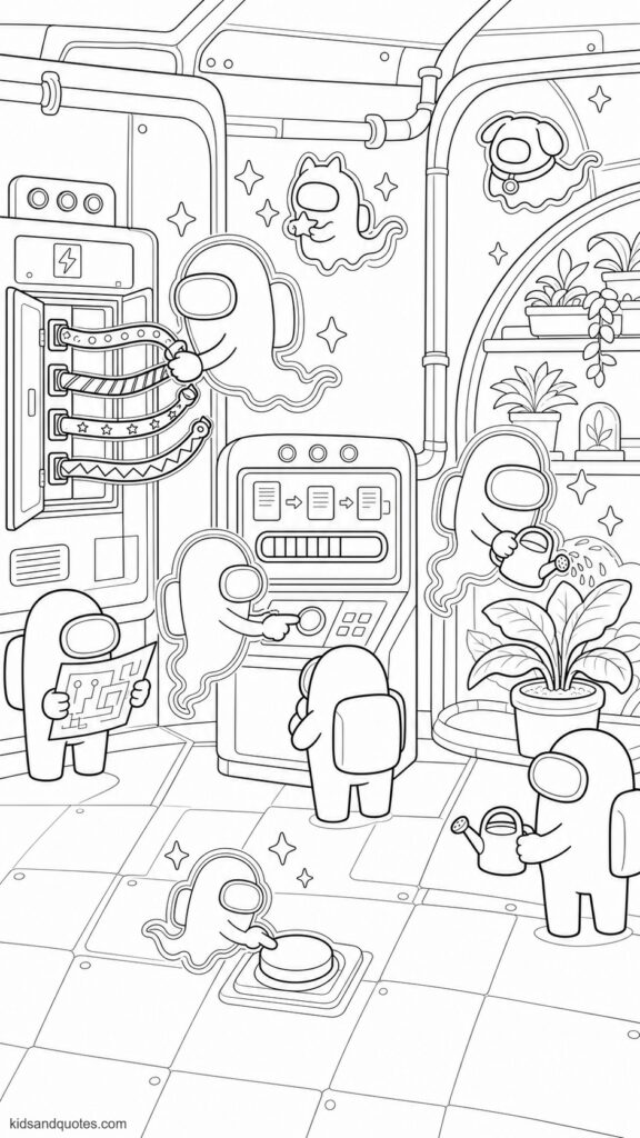 Among Us coloring page showing translucent-style ghost crewmates continuing to finish spaceship tasks. 