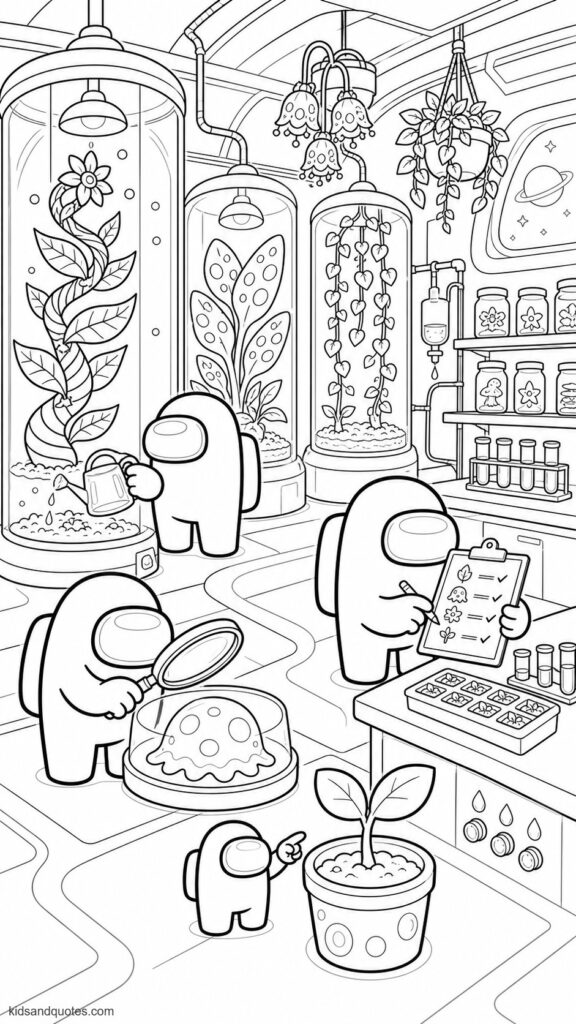 Coloring page combining an alien greenhouse with a specimen laboratory. Three Among Us crewmates caring for unusual plants inside glass growing chambers. One waters a tall spiral plant, another examines a harmless jelly-like specimen through a magnifier, and a third records observations on a clipboard.
