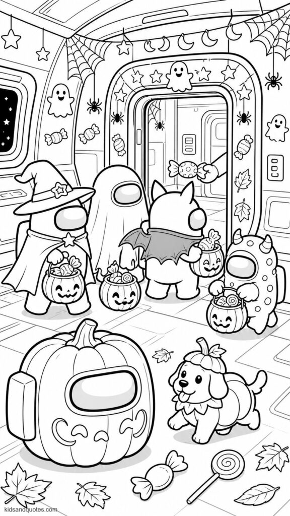 Among Us crewmates trick-or-treating through a decorated spaceship hallway. The crewmates dressed as a friendly witch, a sheet ghost, a bat, and a tiny monster.