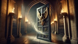 A grand enchanted door with a bronze eagle knocker, softly glowing in a dim Hogwarts-style hallway.