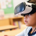 A little kid wearing a virtual reality set on head.