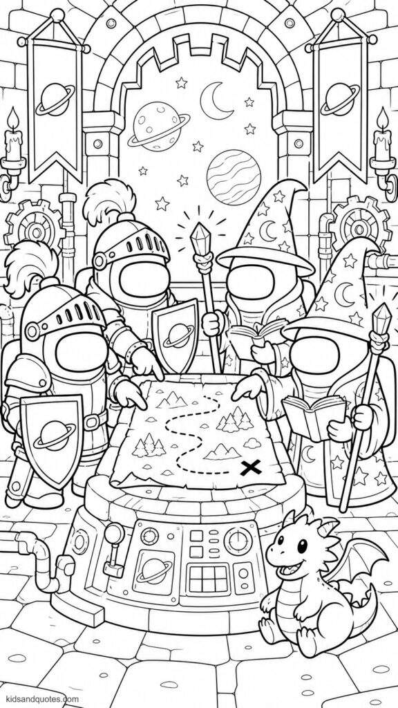 Coloring page showing Among Us crewmates dressed as knights and wizards inside a spaceship transformed into a castle hall. Two crewmates rounded armor, feathered helmets, shields with planet emblems, and harmless ceremonial swords kept in sheaths.