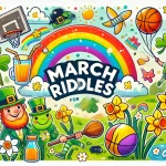 Leprechaun, rainbow, flowers, and other march-related elements.