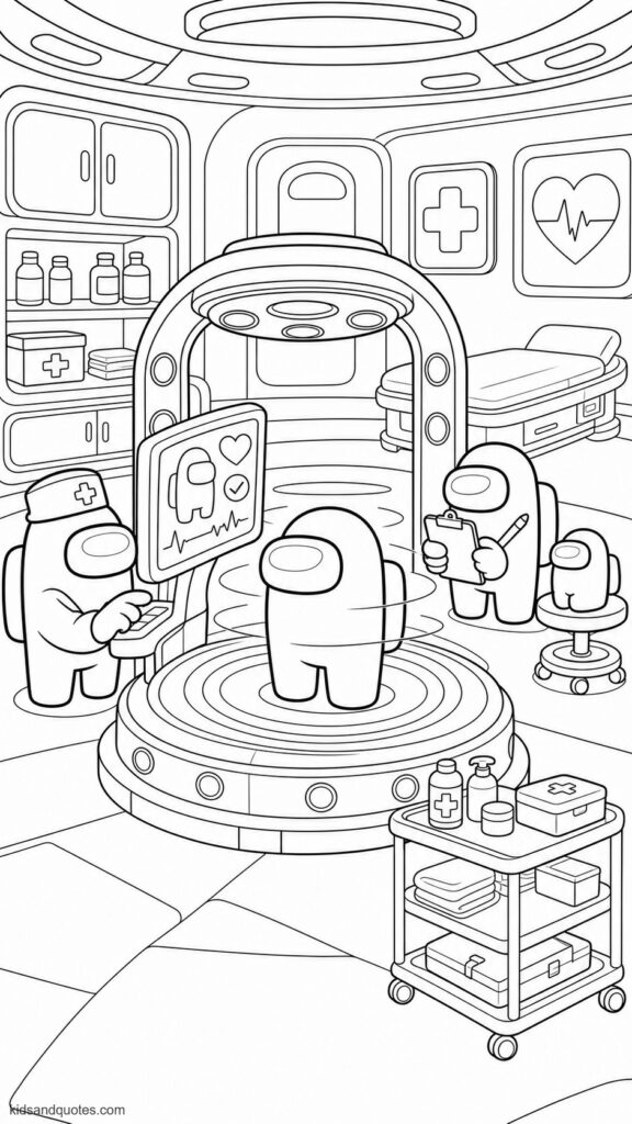 Coloring page inside Med Bay, with three Among Us crewmates waiting in a neat line for health scans. A circular scanner platform in the foreground with one crewmate standing on it while a friendly doctor crewmate checks a monitor. Another crewmate holding a clipboard and a mini-crewmate waiting patiently on a small stool. Medical cabinets, simple health-symbol posters, a rolling cart, scanner lights, neatly arranged bottles, and a bed in the background.