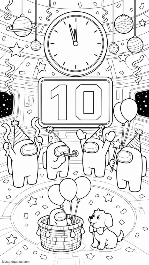 Coloring page with Among Us crewmates gathered beneath a large countdown clock. Crewmates wearing party hats, holding streamers, blowing party horns, and preparing to cheer.