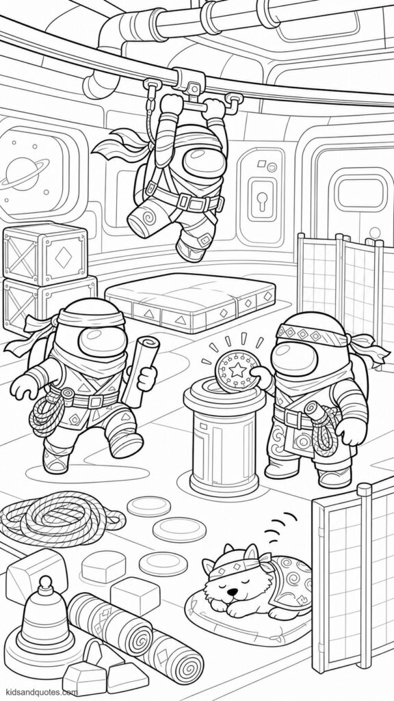 Coloring page showing Among Us crewmates in original ninja-inspired costumes completing a quiet retrieval mission. Dressed in wrapped headbands, simple masks below their visors, soft boots, belts, and flowing scarves. 