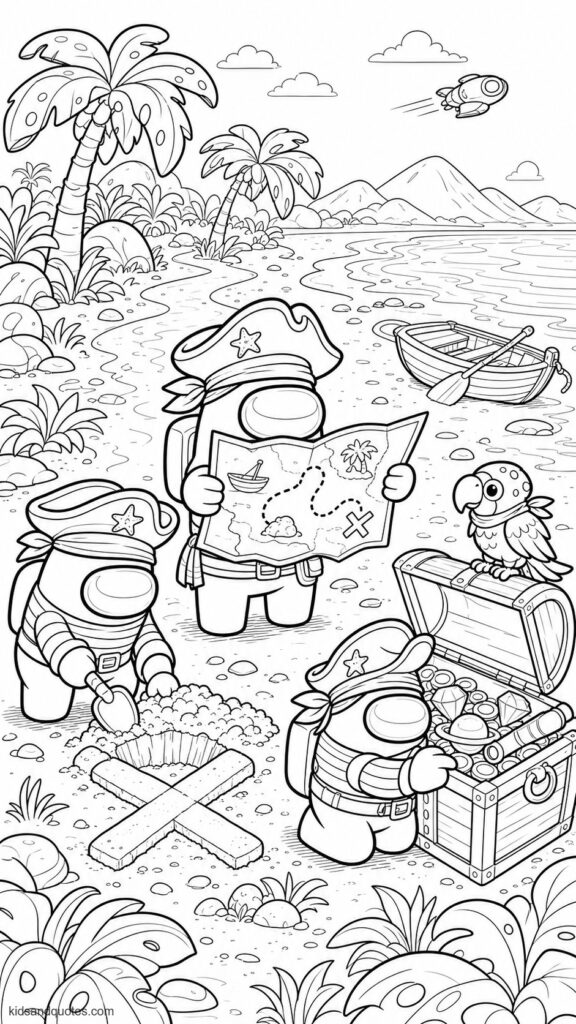 Coloring page showing pirate-costumed Among Us crewmates following a treasure map across an alien island - tricorn hats, striped shirts, eye patches placed above their visors, scarves, and harmless toy-like hooks.