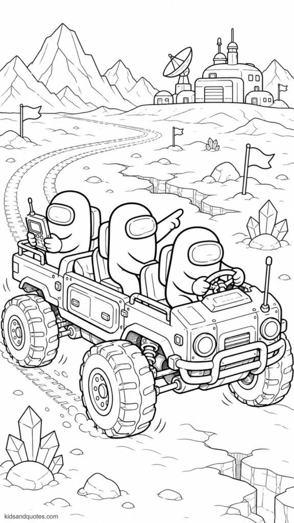 Coloring page of three Among Us crewmates riding an open exploration rover across the frozen surface of Polus. One crewmate driving, one pointing toward a distant research station, and one holding a scanner in the back seat.