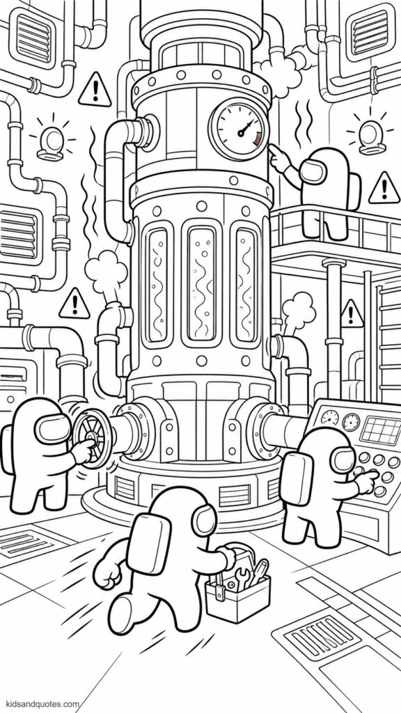 Coloring page inside the reactor room during a meltdown emergency. A large cylindrical reactor core in the center, surrounded by pipes, vents, control panels, and warning lights. 