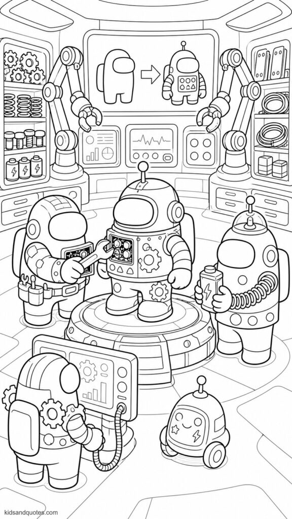 Coloring page set in a robot-upgrade workshop. Four Among Us crewmates wearing different robot skins with antennae, segmented arms, chest panels, gears, springs, and blinking indicator shapes.
