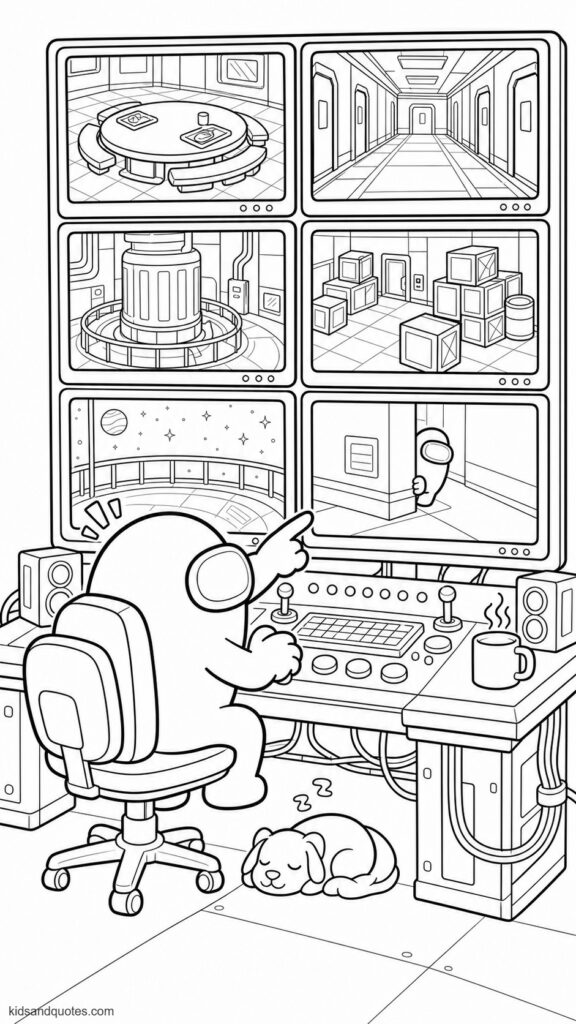 Coloring page showing a security-room crewmate watching a wall of surveillance monitors. Crewmate in a swivel chair at a control desk with buttons, joysticks, a keyboard, and a steaming mug.