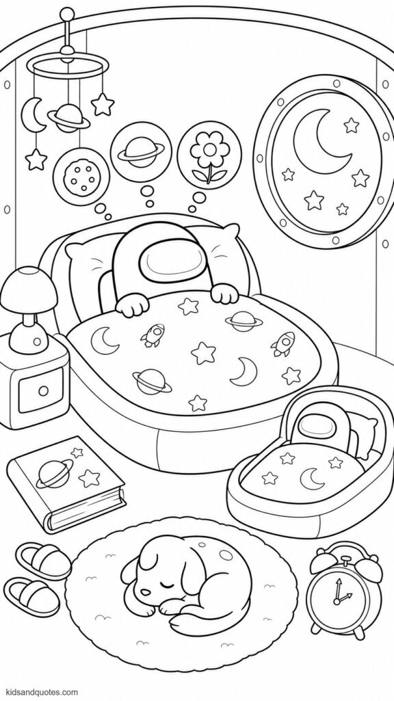 Coloring page showing a sleepy Among Us crewmate tucked into a cozy spaceship bed. 