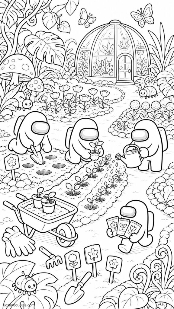 Among Us crewmates planting a spring garden on the Fungle map. One digging small holes, one planting flower seedlings, another watering sprouts, and a mini-crewmate carrying seed packets.