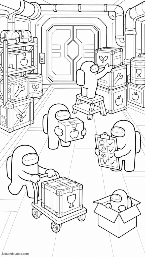 Coloring page set in a busy spaceship storage bay. Four Among Us crewmates working together to stack cargo crates, cardboard boxes, barrels, and supply containers. One crewmate pushes a small handcart, one lifts a lightweight box, another checks a cargo list, and a fourth stands on a safe step stool arranging the top crate.