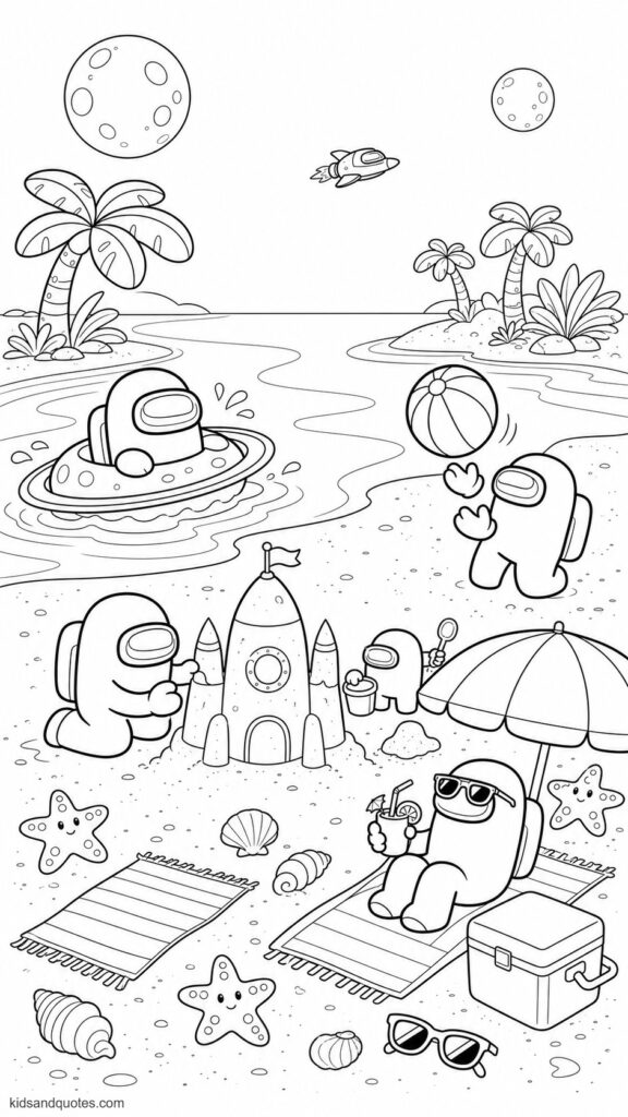 Among Us crewmates relaxing on a whimsical alien beach. One floating in a planet-shaped swim ring, one building a spaceship sandcastle, one playing with a beach ball, and another sitting beneath a striped umbrella.