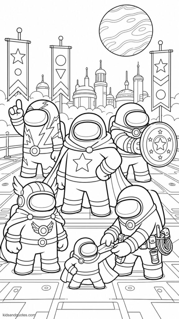 Coloring page showing a heroic squad of five Among Us crewmates posing together on a spaceship landing platform. Each crewmate has a different original superhero outfit: flowing cape and star emblem, lightning-pattern suit, winged helmet, utility belt, and energy-shield gauntlet. 