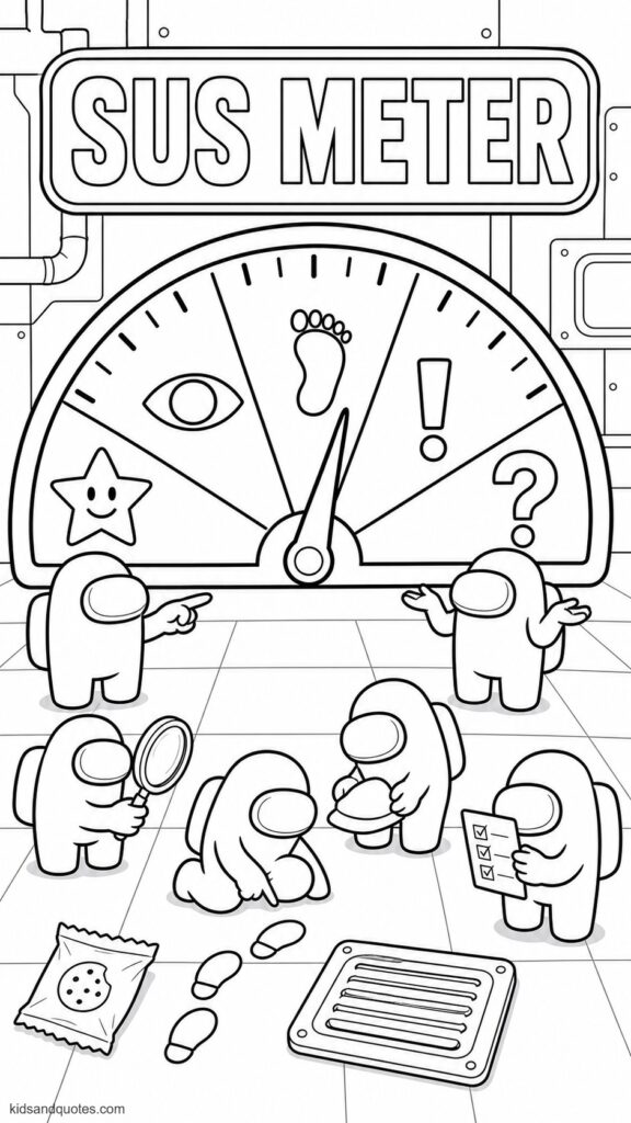 Coloring page centered on a large “SUS METER” dial. 