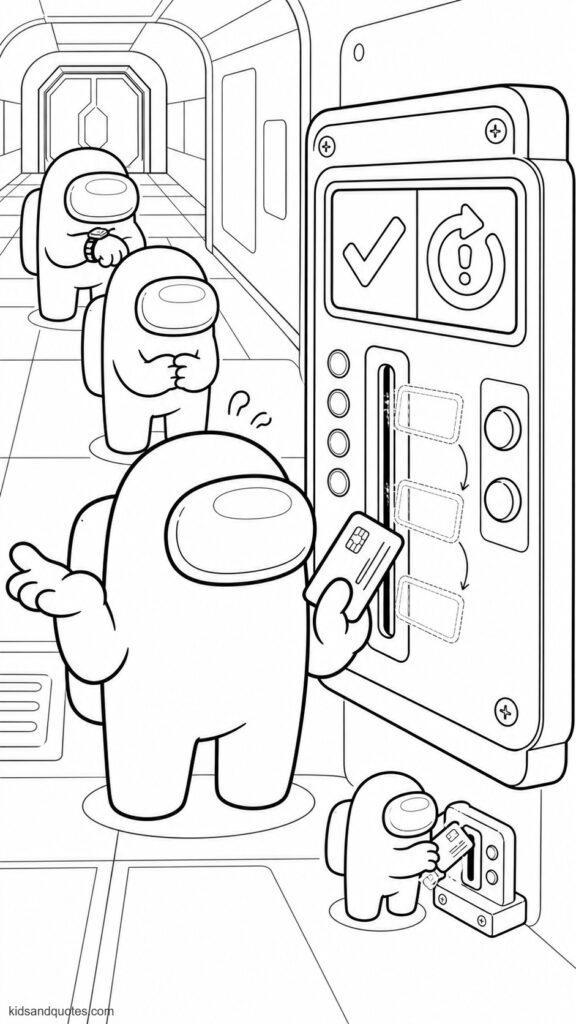 Coloring page showing an Among Us crewmate repeatedly trying to swipe an ID card through a card reader. The crewmate close to the viewer, holding the card at an awkward angle with the other hand raised in confusion.