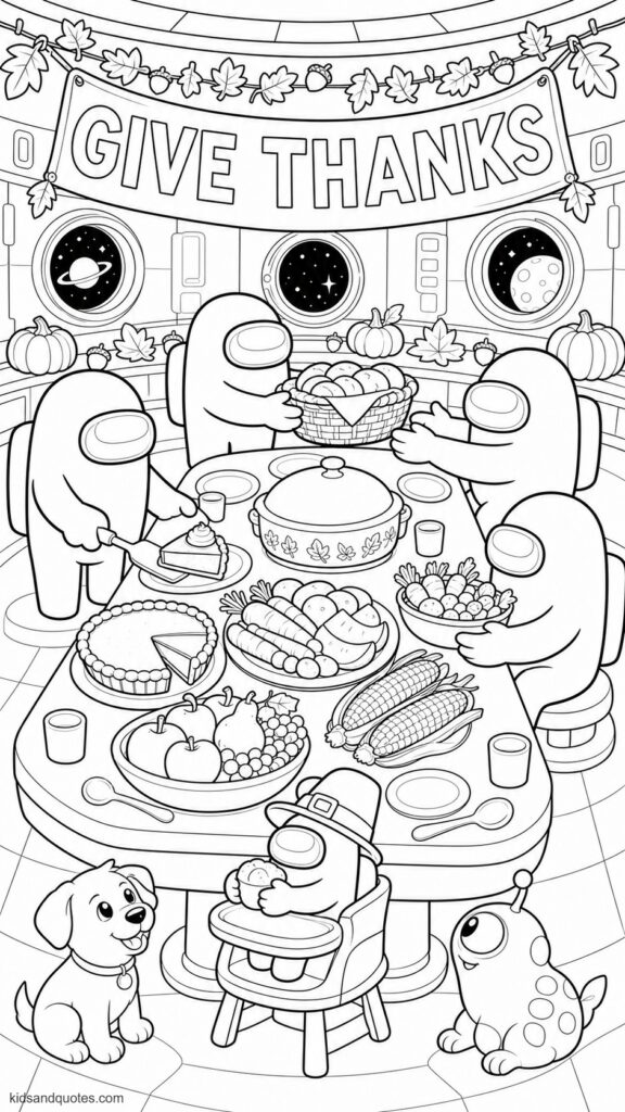 Coloring page showing a group of Among Us crewmates gathered around a long cafeteria table. The table filled with a child-friendly feast: roast vegetables, bread rolls, corn, pumpkin pie, fruit, and a covered centerpiece dish.