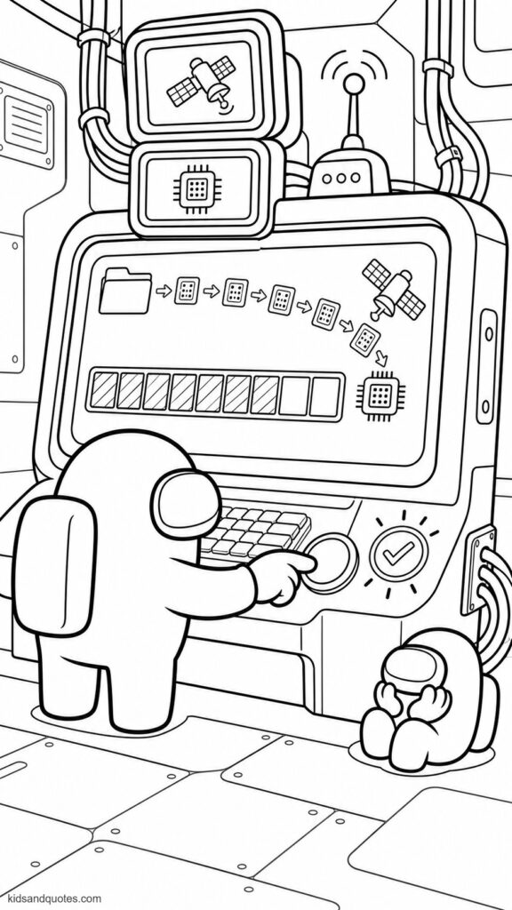 Coloring page showing an Among Us crewmate uploading data at a futuristic terminal. The crewmate in profile, pressing a large confirmation button while watching a prominent loading bar advance across the screen.