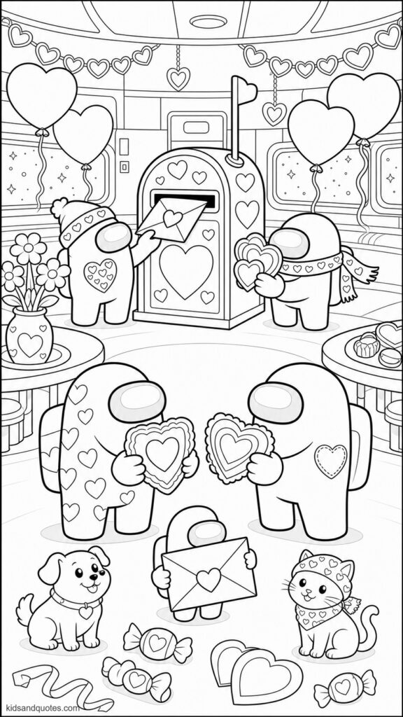 Coloring page showing friendly Among Us crewmates exchanging heart-shaped cards in the cafeteria. Two crewmates in the foreground handing each other large decorated cards, while other crewmates add valentines to a heart-covered mailbox.