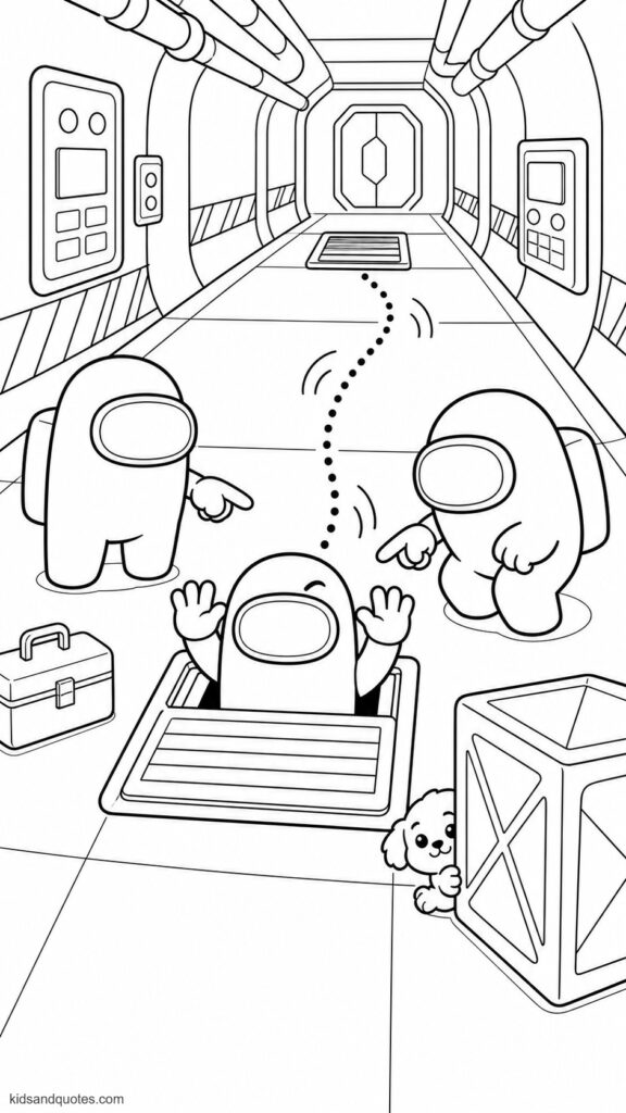 Coloring page showing a suspicious Among Us impostor popping halfway out of a floor vent. Impostor in a surprised pose, as though caught in the act, while two nearby crewmates turn toward the open vent and point.
