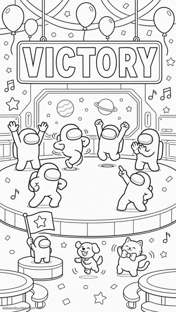 Coloring page showing the Among Us crew celebrating a team victory. Six crewmates dancing on a cafeteria platform beneath a large outlined “VICTORY” sign. 