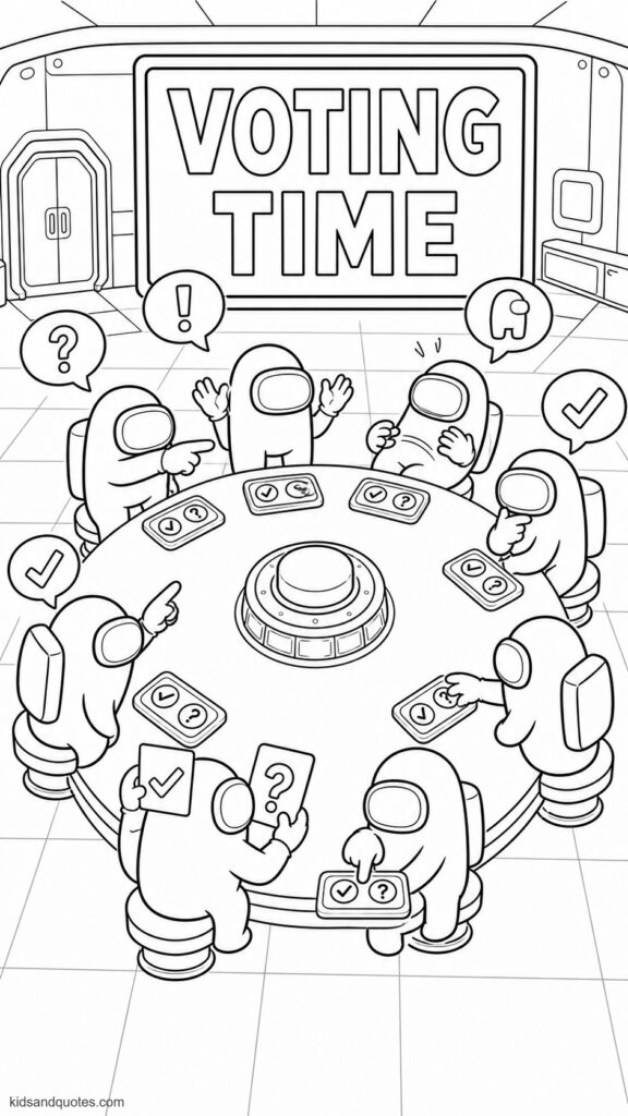 Coloring page showing an emergency meeting during voting time. Eight Among Us crewmates around a large cafeteria table, each reaching toward a chunky vote button or pointing suspiciously at another crewmate. 
