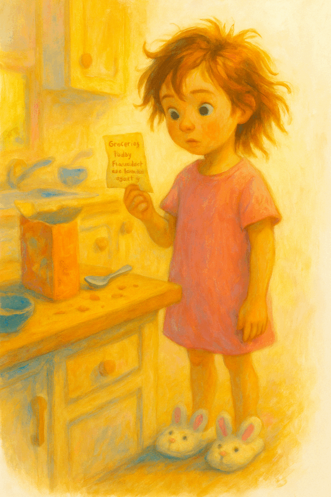 A cozy, softly lit kitchen scene in early morning. A 7-year-old girl with messy hair and bunny slippers stands at the kitchen counter, holding a sticky note with sleepy handwriting.