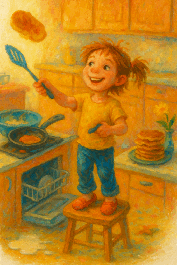 A lively, messy kitchen moment: Nora stands on a stool flipping oddly-shaped pancakes with a proud grin. Milk is spilled near a mixing bowl, and flour dusts the counter.