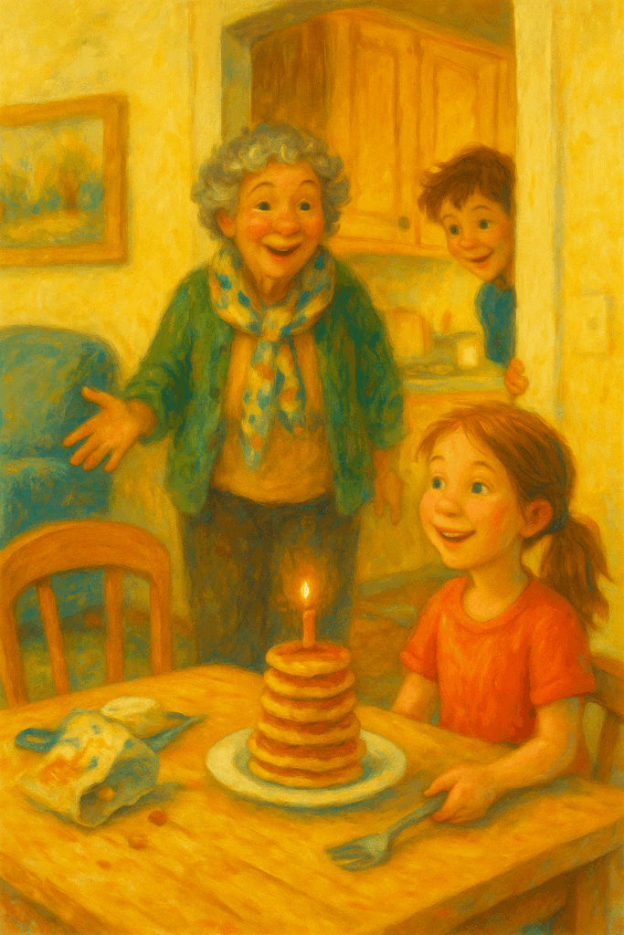 A cheerful living room/kitchen blend. Grandma, with curly gray hair and a floral scarf, enters smiling in surprise. Jake, a 10-year-old boy with tousled hair, peeks from behind the kitchen door.