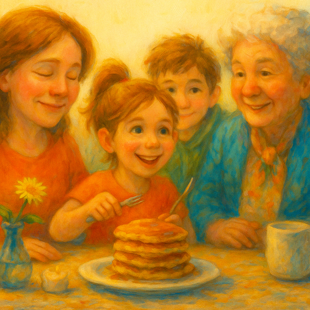 A heartwarming close-up of Mom, Nora, Jake, and Grandma sitting around the breakfast table. Mom has tears in her eyes and a sleepy smile.
