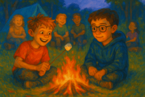 A colorful campsite at twilight with kids gathered around a glowing orange campfire.